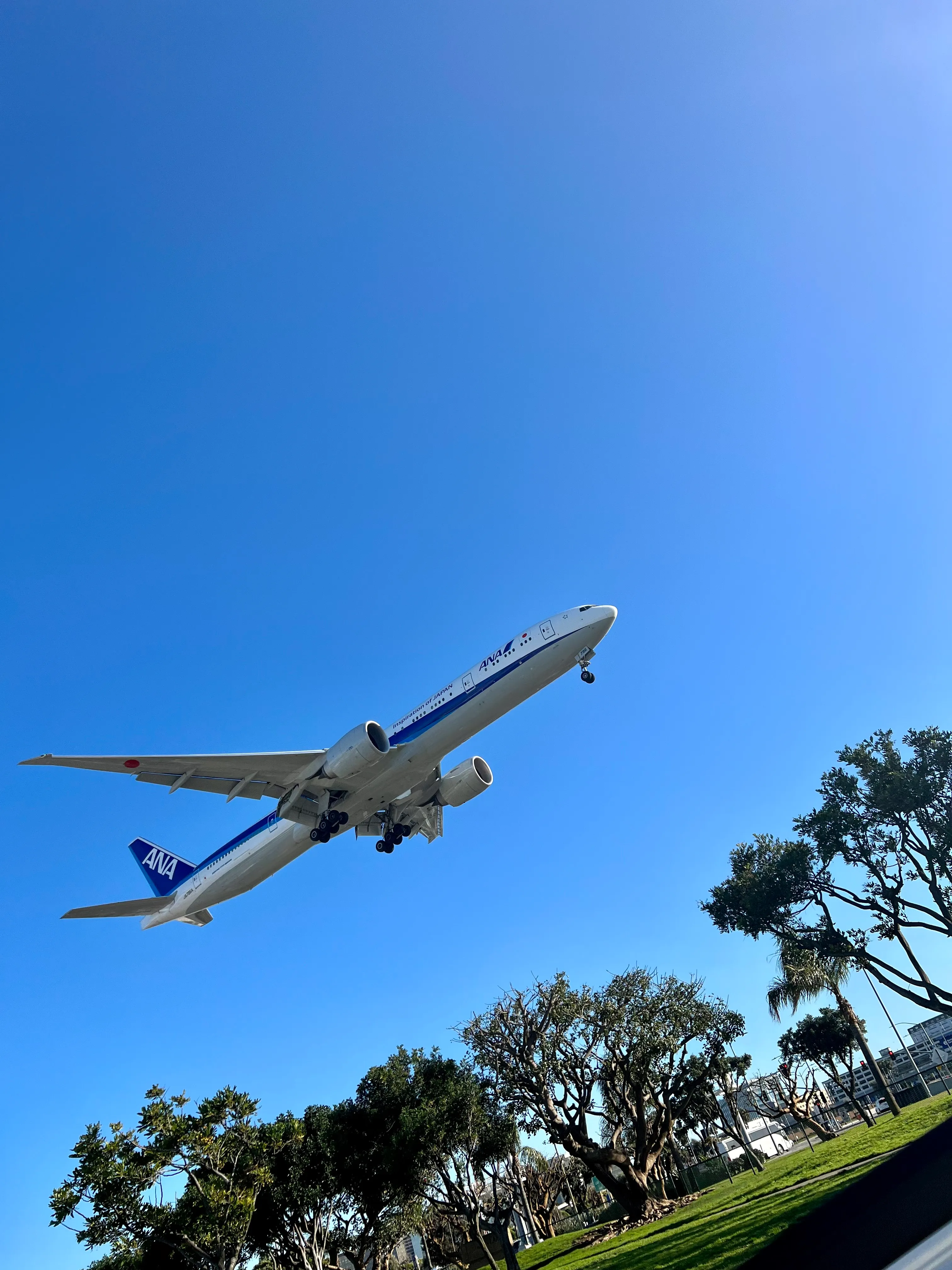An ANA Boeing 777 on final approach, landing gear down against a clear blue sky